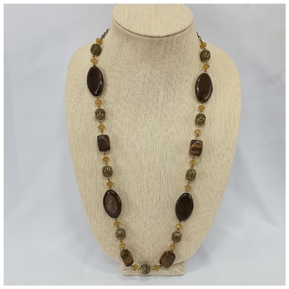 Goldtone Multi Dimensional Beaded Long Strand Neck